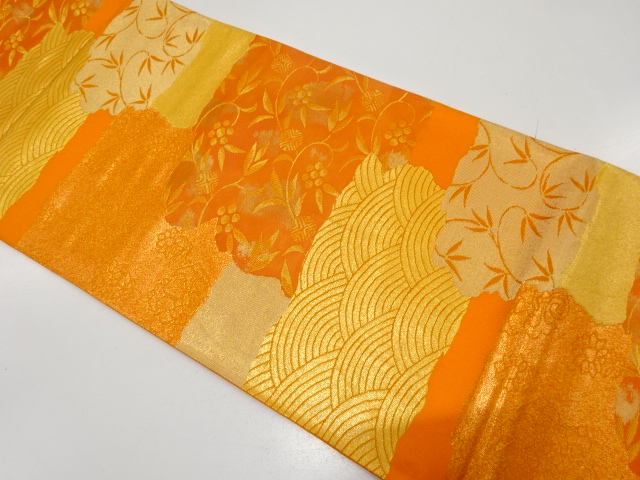 JAPANESE KIMONO / ANTIQUE FUKURO OBI / SILK / WOVEN SEIGAIHA & BAMBOO VINE & FLOWERS